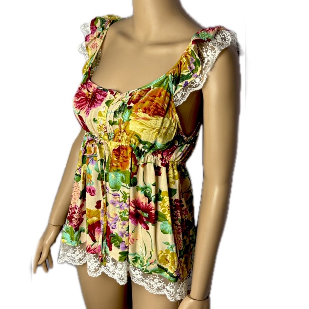 Forever 21 rose floral lace ruffle pintuck tank babydoll empire waist blouse